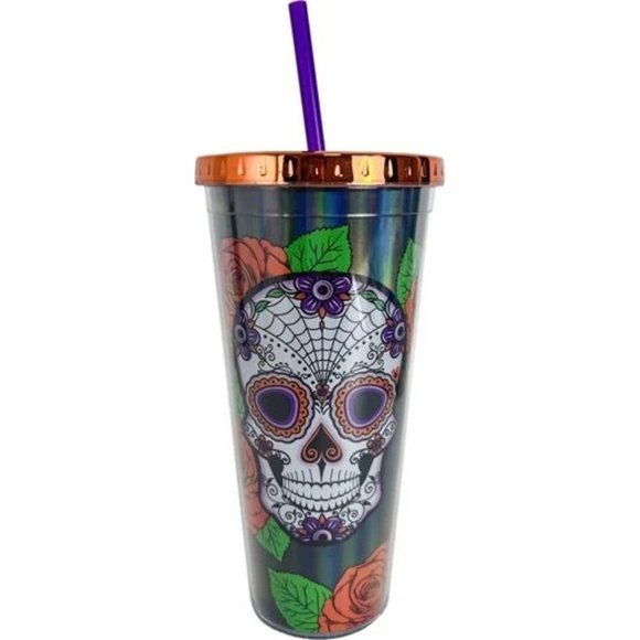 Sugar Skull 20 oz. Foil Travel Cup with Straw - New in Box - Picture 1 of 4
